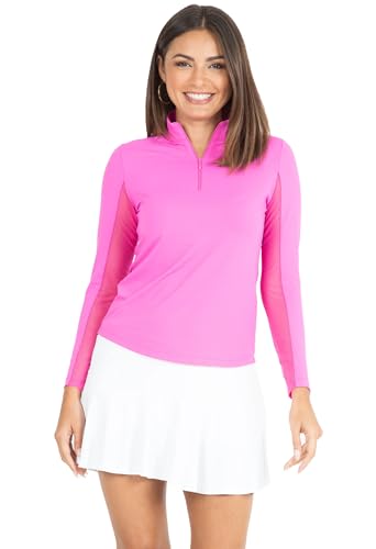 IBKUL Athleisure Wear Sun Protective UPF 50+ Icefil Cooling Tech Long Sleeve Mock Neck Top with Under Arm Mesh 80000 Hot Pink Solid XS
