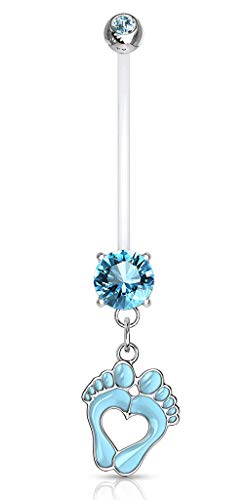 Forbidden Body Jewelry 14G 1' Pregnancy Bioflex Adjustable & Flexible Dangle Baby Feet CZ Maternity Belly Ring, Aqua (1pc)