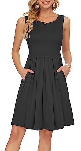 AUSELILY Women's Sleeveless Pleated Tank Empire Waist Casual Dress with Pockets Knee Length Black