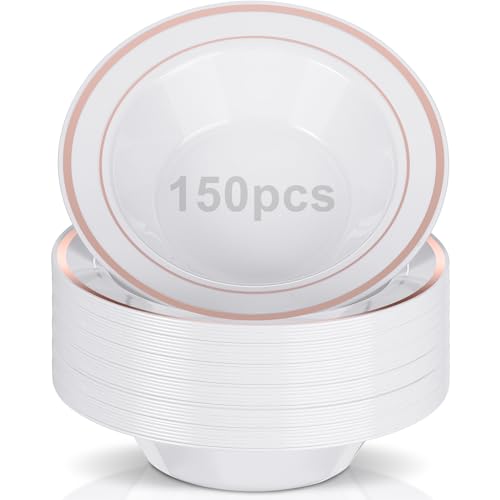 Jinei 6 oz White Plastic Bowls with Rim Soup Bowls Small Disposable Bowls for Dessert Salad Soup Candy Wedding Thanksgiving Christmas Catering Holidays Party Supplies(Rose Gold Rim, 150 Pieces)