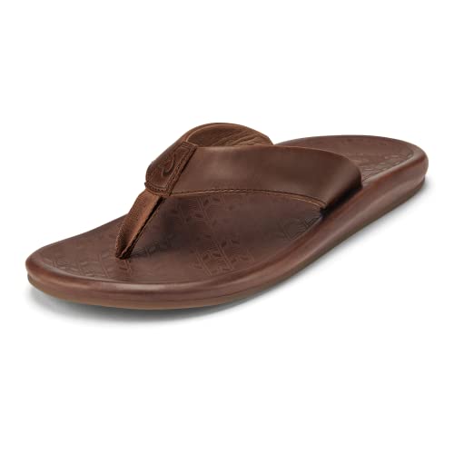 OLUKAI 'Ilikai Men's Leather Sandals, Full-Grain Leather Flip-Flop Slides, Anatomical Footbed & Cushioning, Comfort Fit & Wet Grip Rubber, Toffee/Toffee, 11
