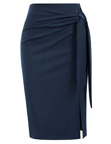 Kate Kasin Women's Elegant Skirt Elastic High Waist Bow Tie Knee Length Stretch Bodycon Pencil Skirts with Slit Navy Medium