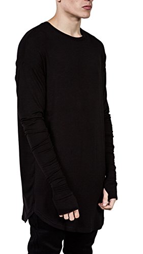 HOTMISS Mens Hip Hop Basic Longline Thumb Hole Cuffs Long Sleeve T-Shirt Basic Tee (Black, X-Large)