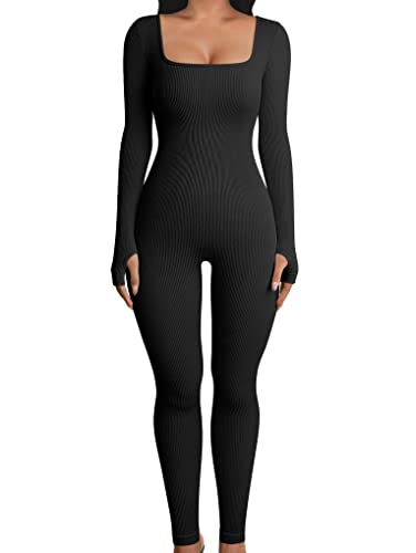 OQQ Women's Yoga Ribbed One Piece Tank Tops Workout Rompers Long Sleeve Exercise Jumpsuits Black
