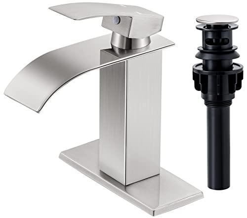 Qomolangma Waterfall Bathroom Faucet, Brushed Nickel Modern Single Handle Bathroom Faucets for 1 or 3 Hole Bathroom Sink Faucet Mixer Tap Washbasin Faucet with Deck, Pop-up Drain and Supply Hoses