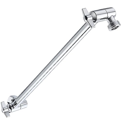15 Inch Extra Long Adjustable Shower Head Extension Arm With Locking Set Screw, Singing Rain Solid Brass Chrome Finish Angle Height Adjustable, Easy To Install, G1/2 Universal Connector Compatible