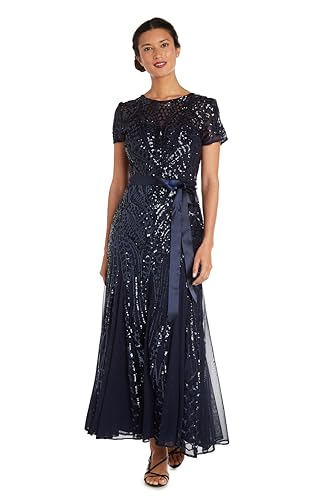 R&M Richards Women's Embellishment and Satin Waist Dress, Navy, 12