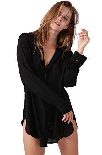 TOUSYEA Sleep Shirts for Women Button Down Shirts Long Sleeve Sleepwear Swimsuit Cover Ups Soft Pajama Tops Black M