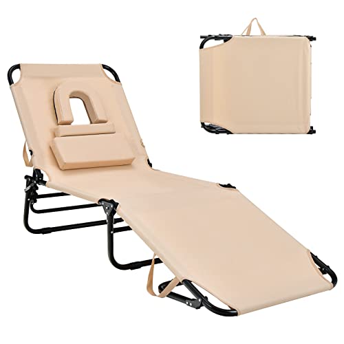 Goplus Tanning Chair, Folding Beach Lounge Chair with Face Hole, Removable Pillow, 350LBS Capacity, Carry Strap, 5-Position Adjustable Sunbathing Chair, Portable Outside Lounge Chair for Patio Pool