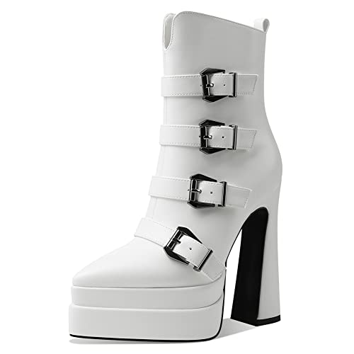 Artrotter Platform Boots for Women, Pointy Toe Chunky High Heel Combat Ankle Boots & Booties with Buckle Straps, Side Zipper