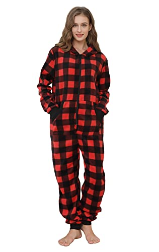 dressfan Unisex Buffalo Plaid Pajamas Hooded Onesie Thermal Jumpsuit Christmas PJS Set for Family Couples Women Men Zipper Red Black M