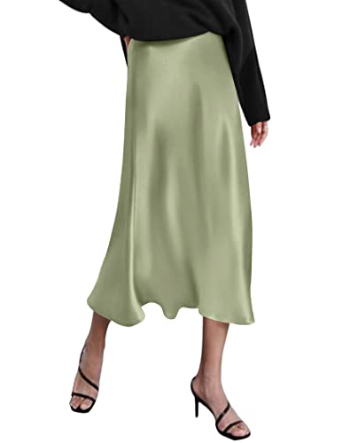 Zeagoo Womens Satin Skirt Zipper High Waist Silk Skirt Casual A Line Midi Skirts Light Green Medium