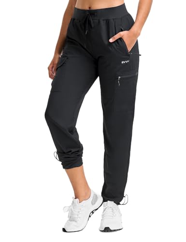BVVU Women's Cargo Joggers Lightweight Quick Dry Hiking Pants Outdoor Waterproof Athletic Workout Pants with Zipper Pockets Black