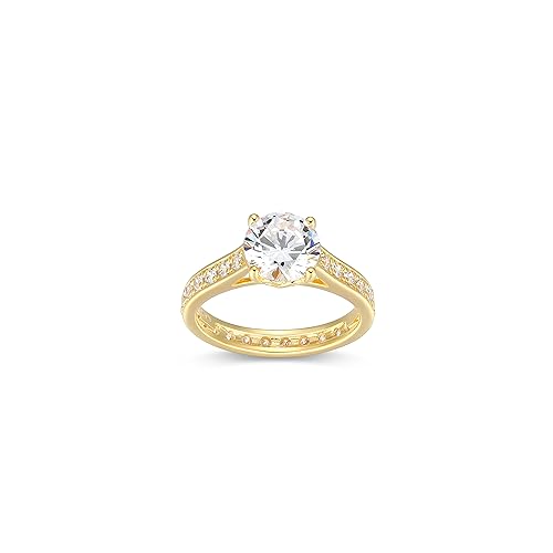 MORGAN & PAIGE 18K Yellow Gold Plated .925 Sterling Silver 4-Prong Cubic Zirconia Solitaire Engagement Ring with Channel-Set Eternity Style Band - Size 5