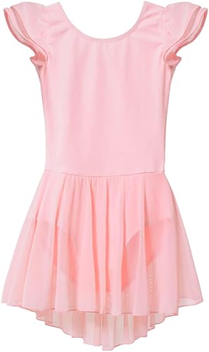 MdnMd Flutter Sleeve Skirted Dance Leotard Ballet Costume Outfit for Girls (Age 8-10, Ballet Pink)