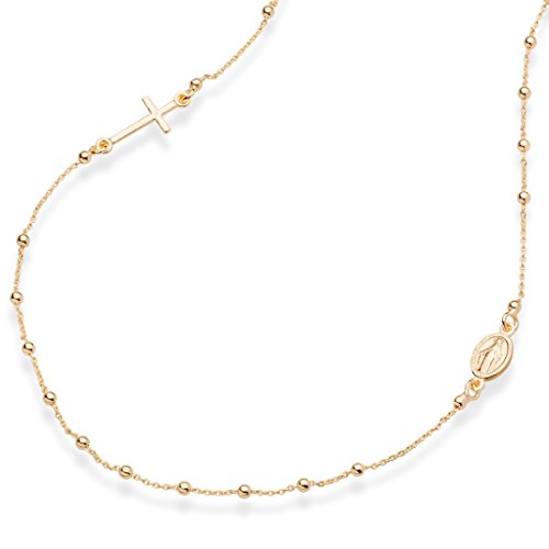 Miabella 18K Gold Over 925 Sterling Silver Italian Rosary Beaded Sideways Cross Necklace Dainty Chain Necklace for Women Made in Italy (18 Inches)