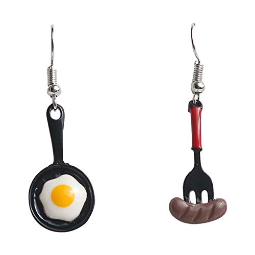 Personality Mini Fried Eggs Frying Pan Spatula Enamel Cute Ear Stud Necklace Novelty Jewelry Set for Women Girl Gift Ear hook