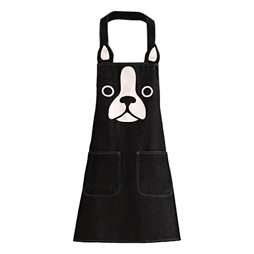 KIMCHOMERSE Kitchen Apron with Cute Dog Pattern and 2 Front Pockets, Durable Denim Cloth Apron for Women and Men, Washable Apron Fits for Cooking Grilling BBQ Chef -Black