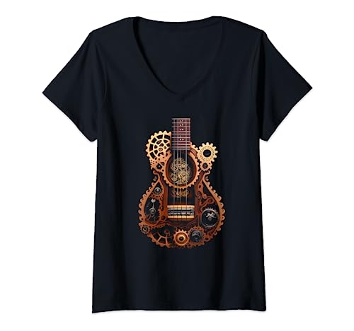 Womens Funny Ukulele music instrument Graphic steampunk V-Neck T-Shirt