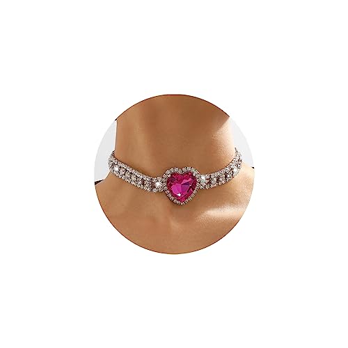 Rhinestone Heart Necklace for Women Crystal Heart Choker Necklace Silver Tennis Necklace Hot Pink Heart Necklace for Women Girls Birthday Party Wedding Prom Necklaces Jewelry Accessories (Silver)