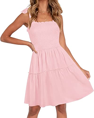 ZESICA Women's Summer Spaghetti Strap Sleeveless Square Neck Ruffle A Line Swing Mini Dress,Pink,Small