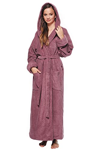 Arus Women's GOTS Certified Organic Cotton Hooded Full Length Turkish Bathrobe, Plum, L
