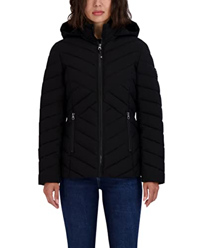 Nautica Women's Short Stretch Lightweight Puffer Jacket with Removeable Hood, Black, Large