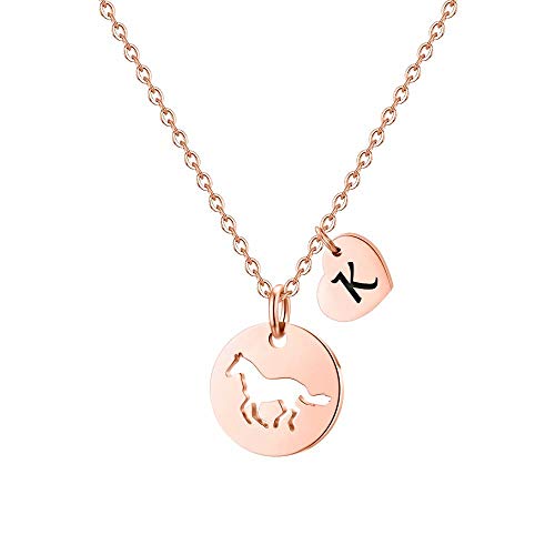 MONOOC Horse Charm Necklace, K Initial Necklace Horse Necklace for Girls, Stainless Steel Horse Pendant Necklace Horse Jewelry for Girls Heart Initial Letter Necklace Horse Gifts for Girls