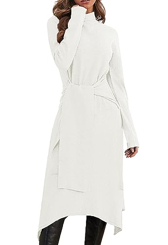 Jayscreate Women's 2023 Sweater Dress Long Sleeve Midi Tie Front A-Line Fall Winter High Waist Business Casual Dress White