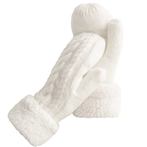 Women's Winter Gloves Warm Lining - Cozy Wool Knit Thick Gloves Mittens in 11 color (White)