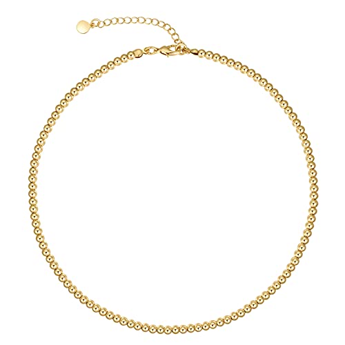 NUZON Gold Bead Choker Necklace for Women Girls Dainty 14K Gold Plated 4mm Beaded Ball Chain Strand Adjustable Layering Necklaces Costume Jewelry Gifts 15’’