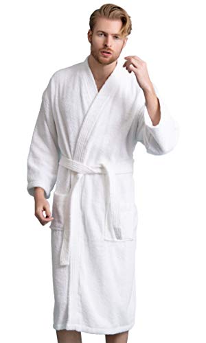 Soft Touch Linen Men's Robe, Turkish Cotton Terry Kimono Spa Bathrobe (Large, White)
