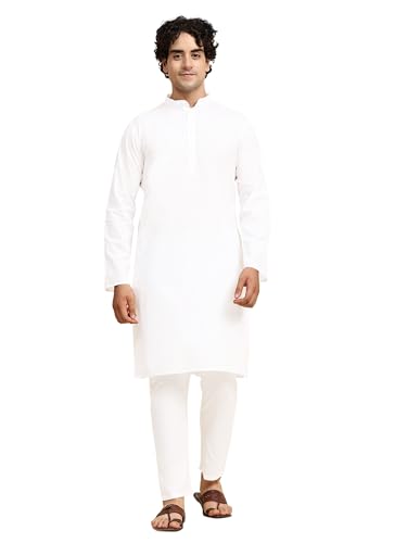 SKAVIJ Men's Tunic Cotton Kurta Pajama Indian Yoga Casual Dress Set (Large, White)