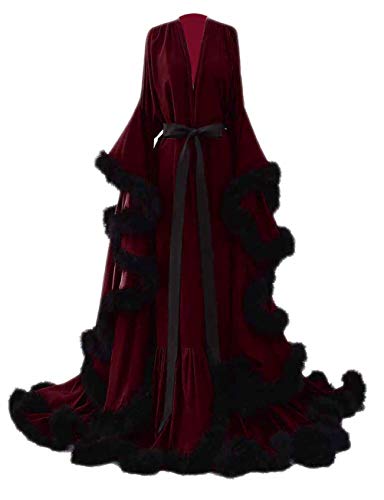 yinyyinhs Womens Sexy Feather Bridal Robes Silk Satin Maternity Robes For Photoshoot Long Nightgown Bathrobe Sleepwear Burgundy-Black L/XL