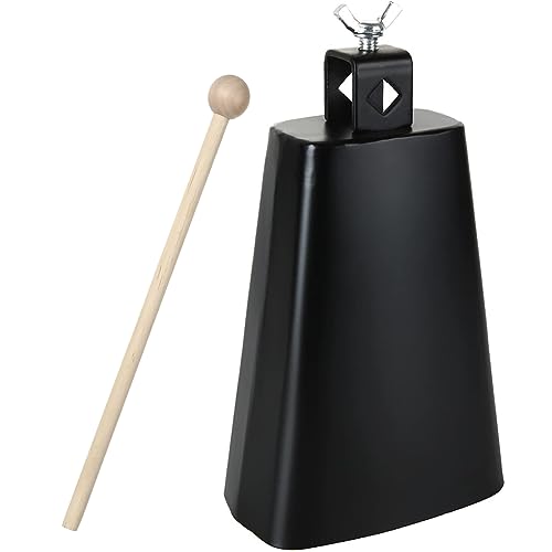 Acrux7 7 Inch Large Cow Bell Noise Makers, Metal Cowbell with Handle and Stick, Hand Percussion Music Cowbell for Sporting Events, Drum Set, Church, Weddings, Beautiful Clear Tapping Sound (Black)