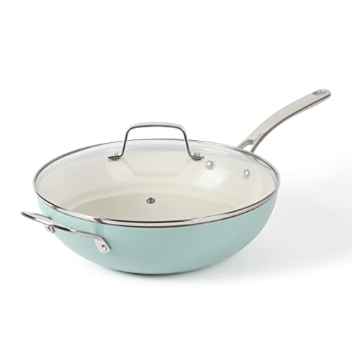 Martha Stewart Lockton 12' Essential Multipurpose Heavy Gauge Aluminum Frypan/Wok Pan w/PFA Free Premium Ceramic Nonstick Interior - Martha Blue