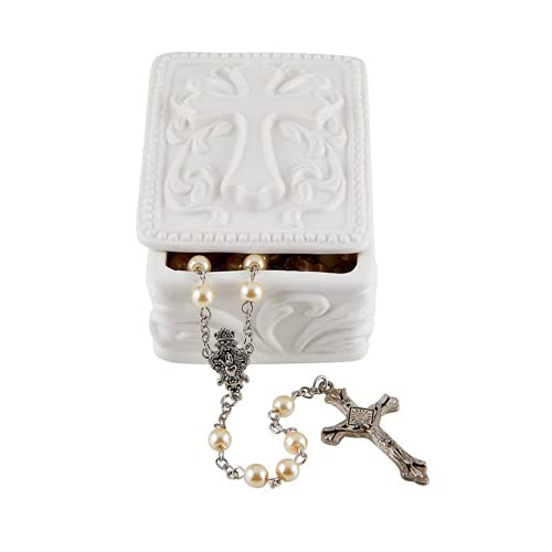 Autom White Porcelain Cross Rosary Jewelry Box (Rectangle)