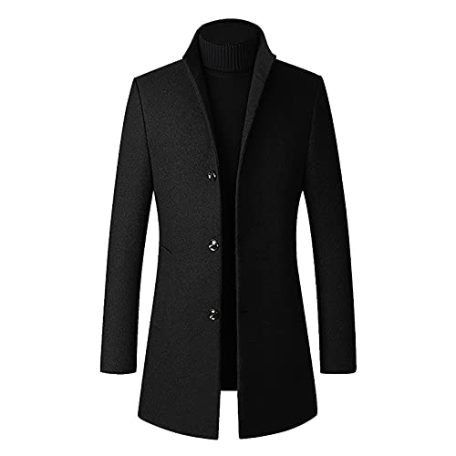 Men's Classic Notched Collar Single Breasted Wool Blend Pea Coat Long Trench Coat Casual Cotton Blend Peacoat(Black,XXXL)