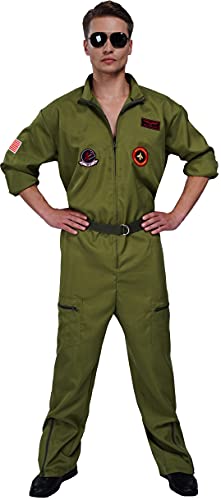 Maxim Party Supplies Men's Adult Air Force Fighter Pilot Jumpsuit Flight Suit Costume with Embroidered Patches and Pocket (Large) Green