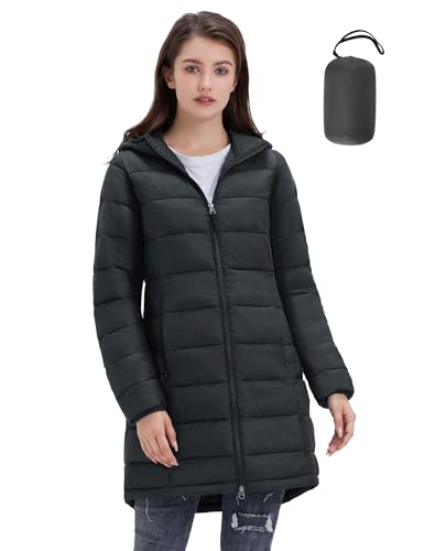 ROYAL MATRIX Women's Packable Puffer Jacket with Hood, Lightweight Long Quilted Puffer Coat with Pockets (Black, L)