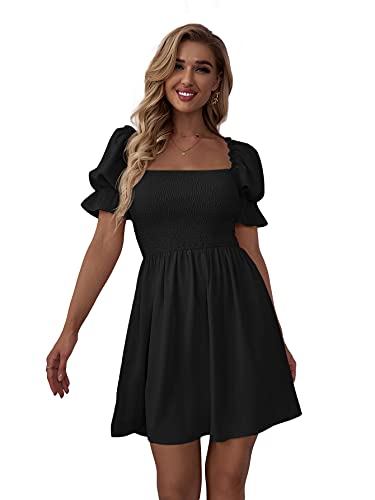 WDIRARA Women's Square Neck Flounce Short Sleeve Shirred Ruffle Hem Dress Black M