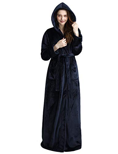 iCREAT Womens Long Hooded Bathrobe Fleece Full Length Bathrobe with Hood Winter Sleepwear, Navy-XL