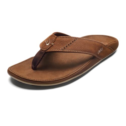OLUKAI Nui Men's Beach Sandals, Full Grain Leather Flip-Flop Slides, Compression Molded Footbed & Ultra-Soft Comfort Fit, Rum/Rum, 9