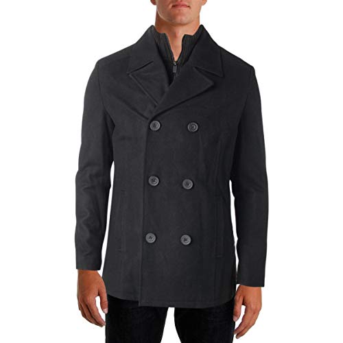 Kenneth Cole Men's Double Breasted Wool Peacoat with Rib Knit Bib, black, Medium