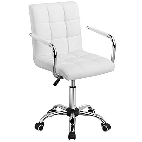 Yaheetech White Desk Chairs with Wheels/Armrests Modern PU Leather Office Chair Midback Adjustable Home Computer Executive Chair 360° Swivel