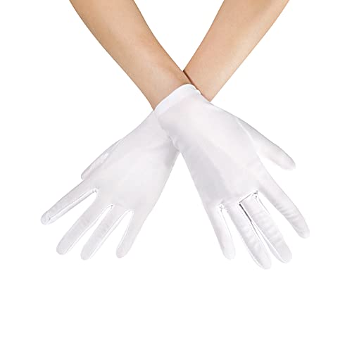 Womens White Gloves Short Satin Stretchy Gloves Wrist Length Dancing Gloves Bridal Gown Gloves for 1920s Wedding Opera Party Adult Size