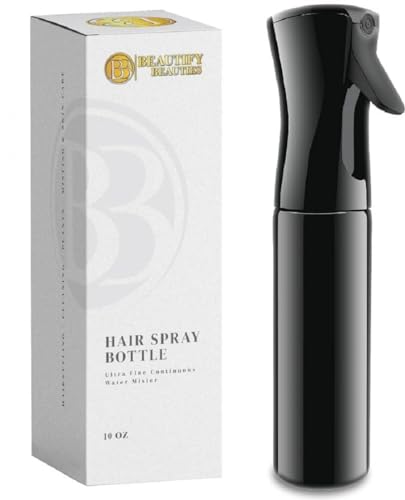 BeautifyBeauties Spray Bottle For Hair – Continuous Mister Spray Bottle for Hairstyling, Cleaning, Plants, Pets, Barbers, Salons, Essential Oil Scents (10.1 Ounce Black)
