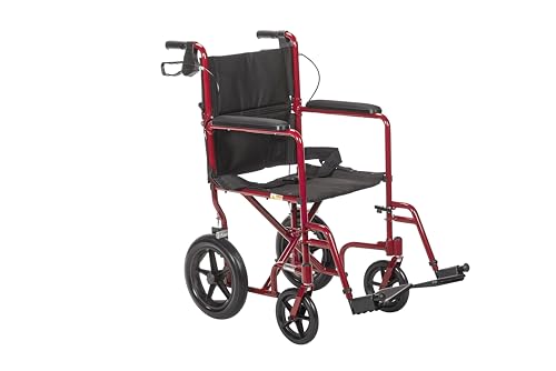 Drive Medical EXP19LTRD Lightweight Expedition Folding Transport Wheelchair with Hand Brakes, Red