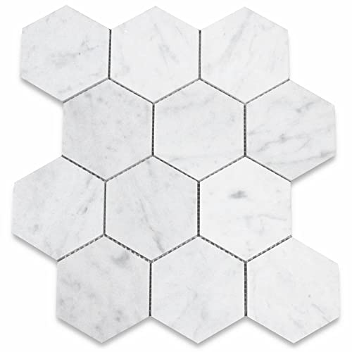 Stone Center Online Carrara White Marble 4 inch Hexagon Mosaic Tile Honed Kitchen Bath Wall Floor Backsplash Shower (1 Sheet)