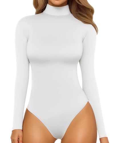 MANGOPOP Women's Mock Turtle Neck Long Sleeve Tops Bodysuit Jumpsuit (A Long Sleeve White, Medium)
